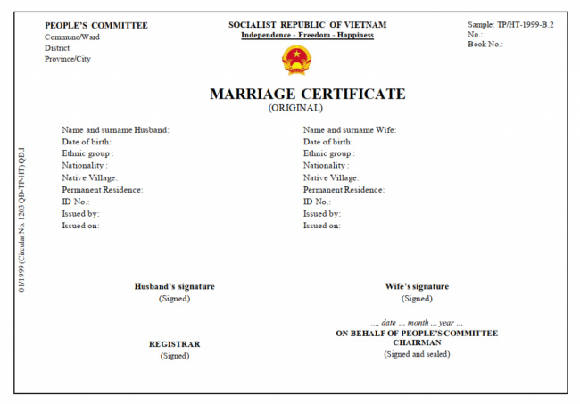 mẫu giấy chứng nhận kết hôn tiếng anh mới nhất 2023