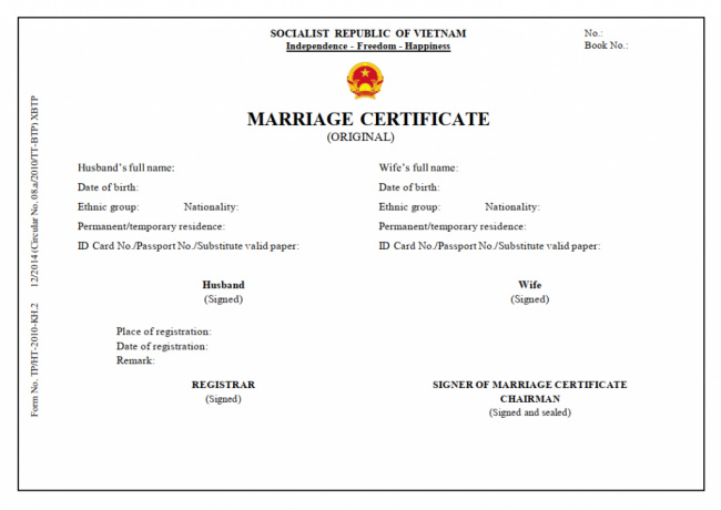 mẫu giấy chứng nhận kết hôn tiếng anh mới nhất 2023